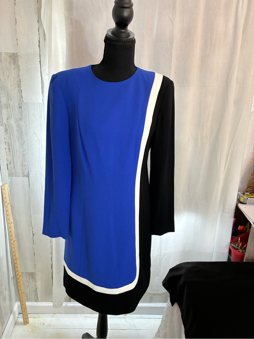 Liz Claiborne Blue, Black and White Long Sleeve Shift Dress Sz 8P